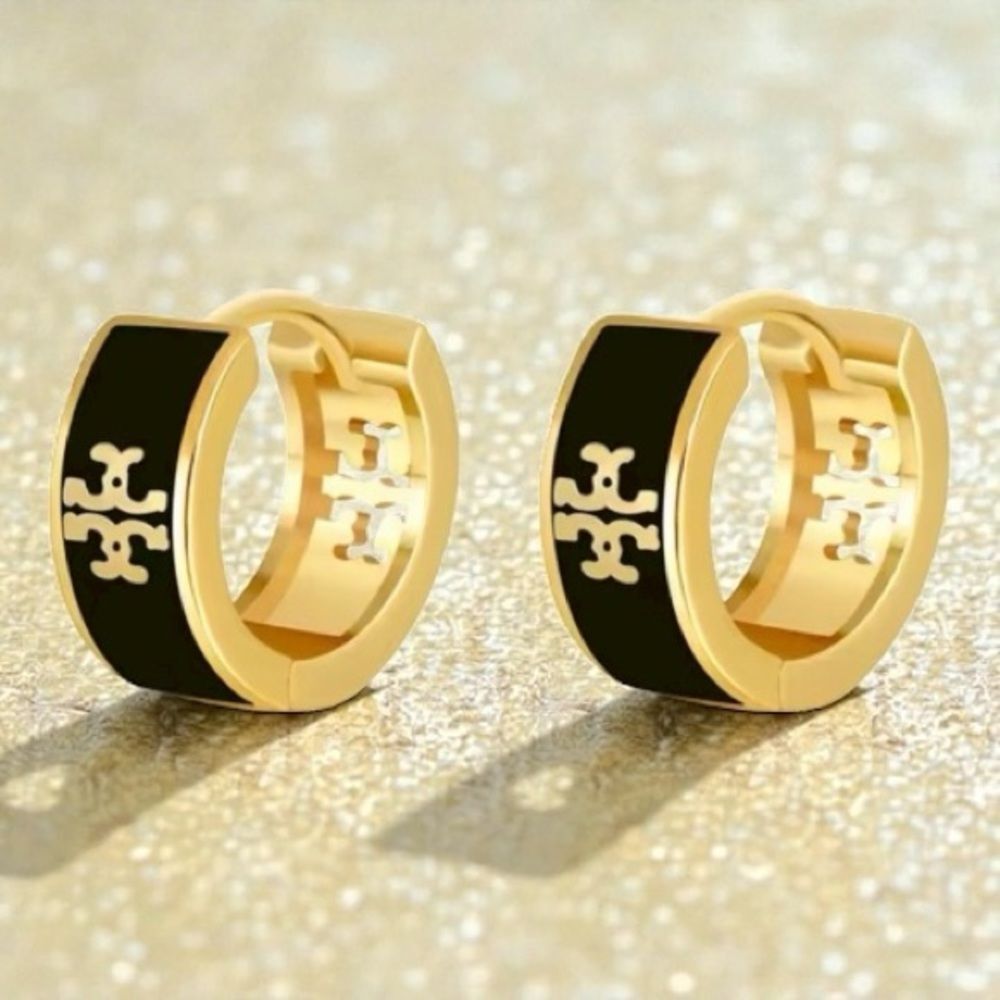 TORY BURCH GOLD AND BLACK HUGGIES HOOP EARRINGS